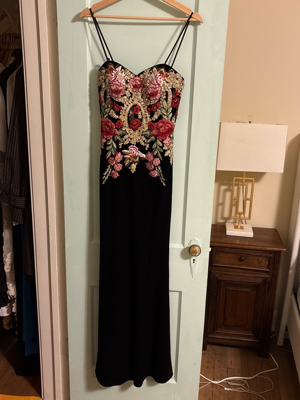 Black Floral Appliqué Evening Dress